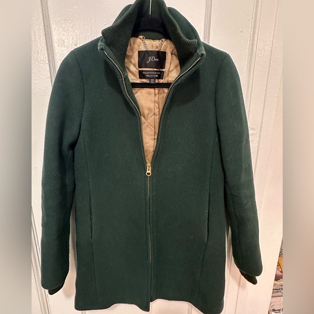J. Crew Dark Green Coat with Elegant Gold Interior